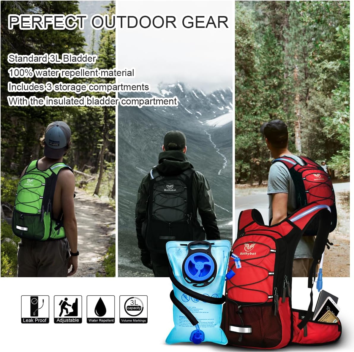 Insulated Hydration Backpack Pack with 3L BPA Free Leak Proof Water Bladder, Large Storage Lightweight Hiking Daypack with Waist Pouches & Cooler Layer, for Running, Biking, Camping, Festival - Roamly