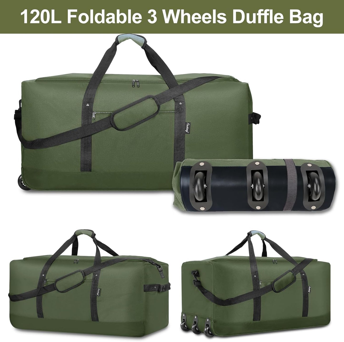 Finnhomy 120L Foldable Rolling Duffel Bag with 3 Wheels, Light Weight Travel Duffel bag with Large Loading Capacity, 32 inch Rolling Duffel bag with Shoulder Strap for Travel Camping Sports - Roamly