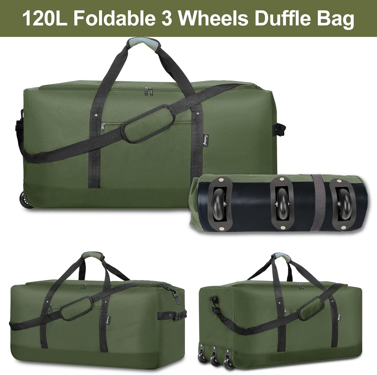 Finnhomy 120L Foldable Rolling Duffel Bag with 3 Wheels, Light Weight Travel Duffel bag with Large Loading Capacity, 32 inch Rolling Duffel bag with Shoulder Strap for Travel Camping Sports - Roamly