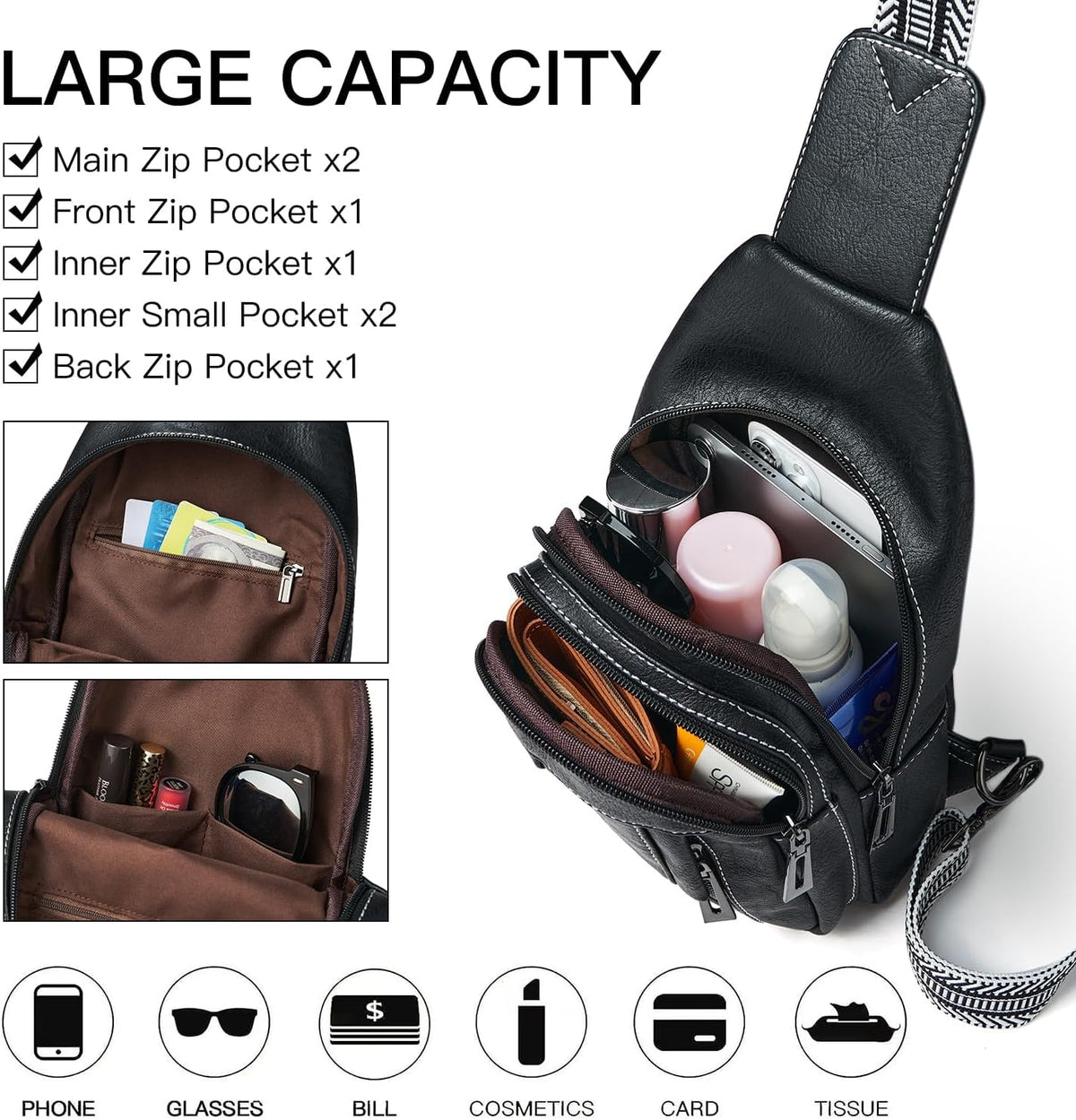 7L Sling Bag for Women Men Leather Small Sling Backpack Daypack Anti Theft Fanny Pack Crossbody Purse Travel