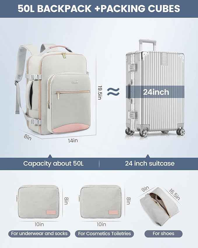 LOVEVOOK Travel Backpack for Women & Men 50L,Airline Approved Carry On Backpack Travel Essentials,TSA Carry on Luggage,Waterproof Personal Item Travel Bag,Suitcase with 3 Packing Cubes,Light gray-Pink