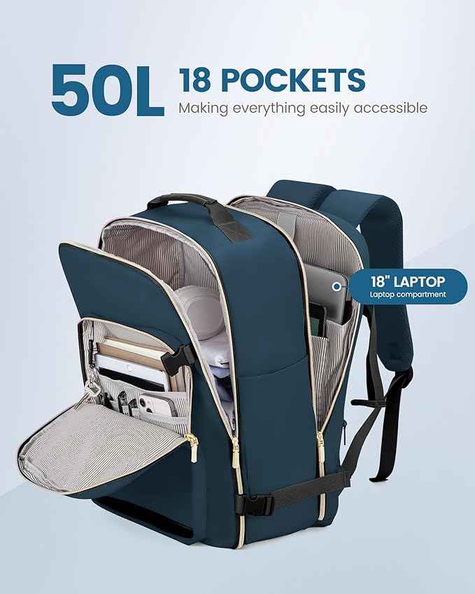 LOVEVOOK Travel Backpack for Women & Men 50L,Airline Approved Carry On Backpack Travel Essentials,TSA Carry on Luggage,Waterproof Personal Item Travel Bag,Suitcase with 3 Packing Cubes,Indian Teal