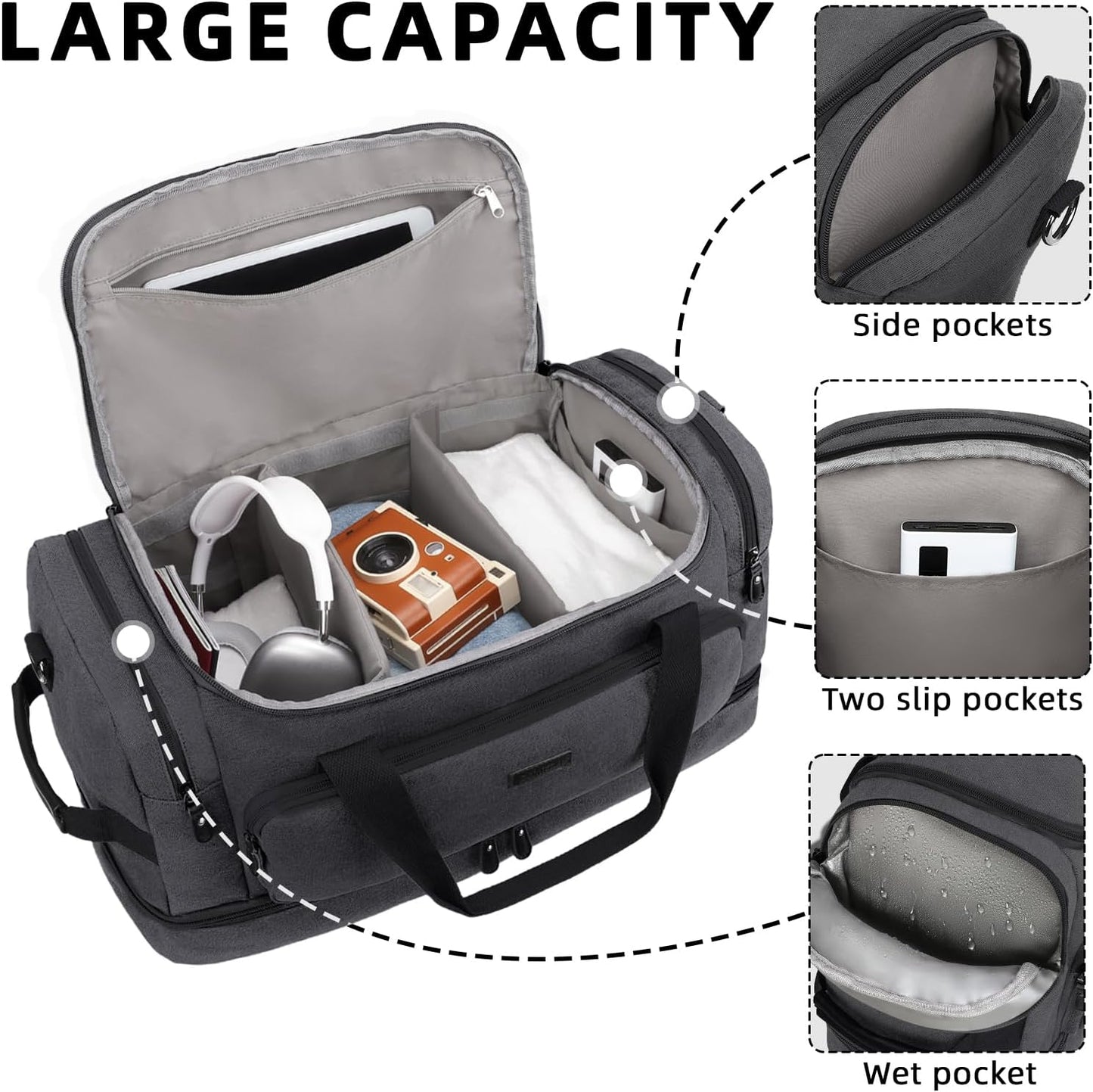 ZOMFELT Duffle Bag for travel, 40L Canvas Travel Duffel Bags for Men Women, Water Resistant Overnight Weekender Bag with Toiletry Bag & Shoe Compartment, Carry on Luggage Bag for Travel, Gym, Black - Roamly