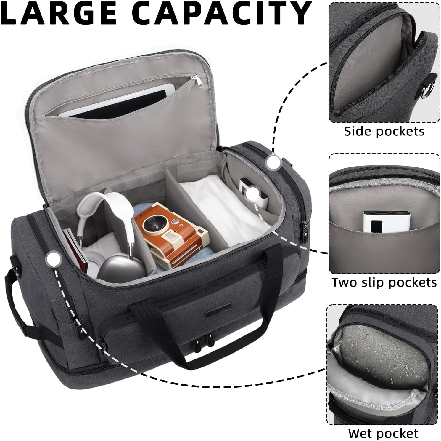 ZOMFELT Duffle Bag for travel, 40L Canvas Travel Duffel Bags for Men Women, Water Resistant Overnight Weekender Bag with Toiletry Bag & Shoe Compartment, Carry on Luggage Bag for Travel, Gym, Black - Roamly