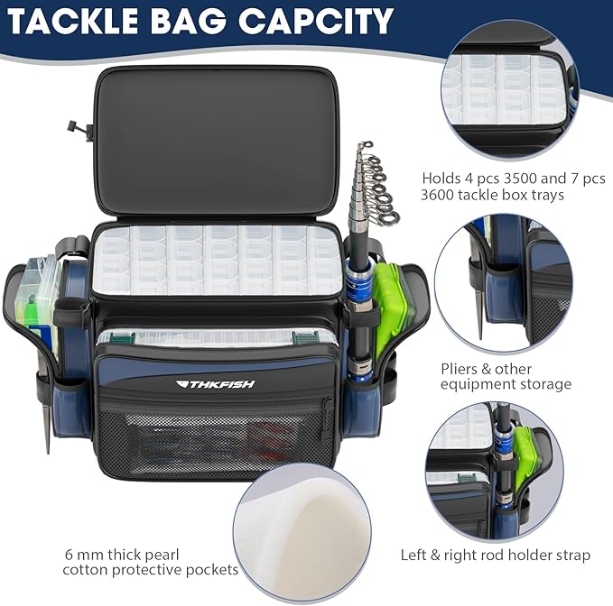 THKFISH Waterproof Fishing Tackle Bags, Saltwater Resistant Large Fishing Tackle Bag, 1000D PVC Waterproof Fishing Gear Storage Store 3600 3700 Trays