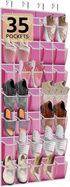 35 Pocket Over the Door Shoe Organizer,Reusable Breathable Large Mesh Bag Men's & Women's Sneaker Organizer,Shoe Organizer for Kids,Hanging Shoe Storage Hanging Bag (Pink)