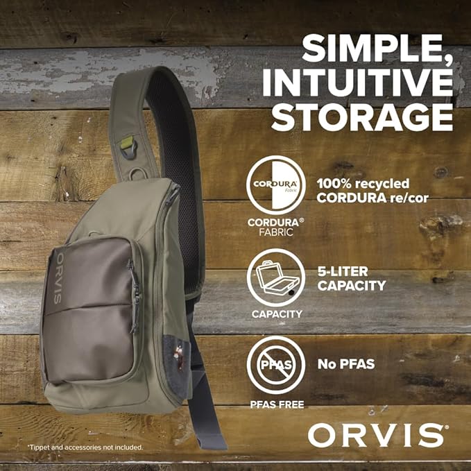 Orvis Mini Sling Pack (26B2) Shoulder Strap Tackle Backpack - Fly Fishing Tool Bag of 100% Recycled ECO CORDURA Fabric With TPU Coating, 5-Liter Capacity and Internal Features, Dusty Olive - One Size