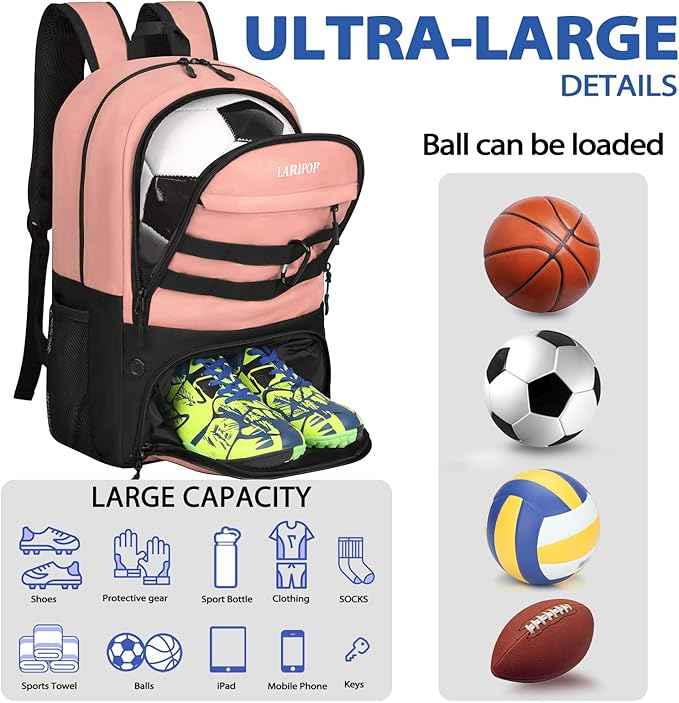 LARIPOP Soccer Backpack Soccer Bag with Ball Holder & Shoe Compartment Youth Sports Equipment Training Bag