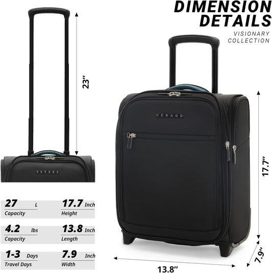 Verage Under Seat Luggage with Wheels, Softside Expanable Small Suitcase Carry On Luggage Bags for Airlines Airplanes Short Trip Men Women (Black, 16-Inch Rolling Underseat)