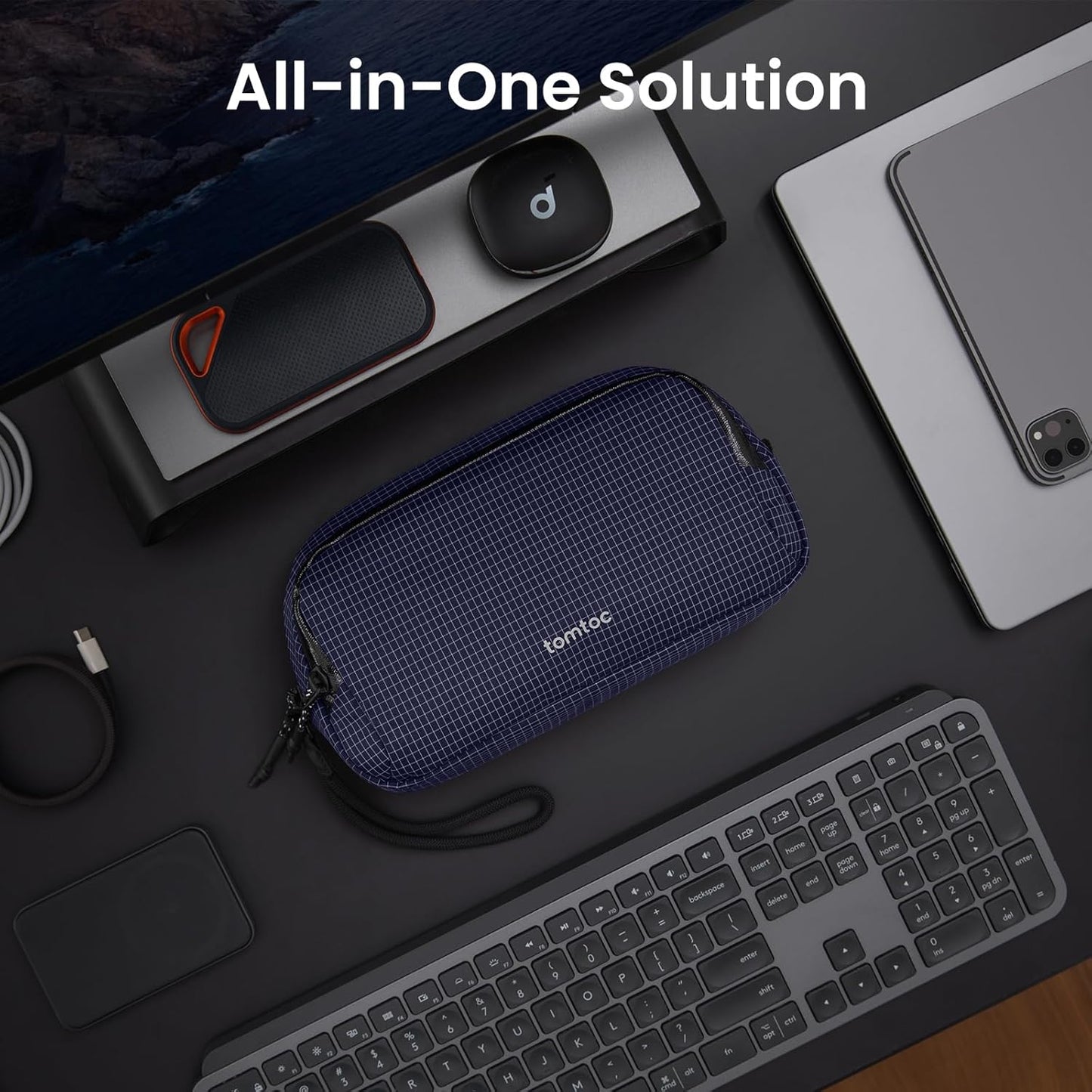 tomtoc Electronic Organizer Travel Case Performance, Water Resistant Dual Compartment Cable Organization Storage Bag for Charger, Cord, Phone, Hard Drive, Power Bank, Accessories Travel Essentials - Roamly