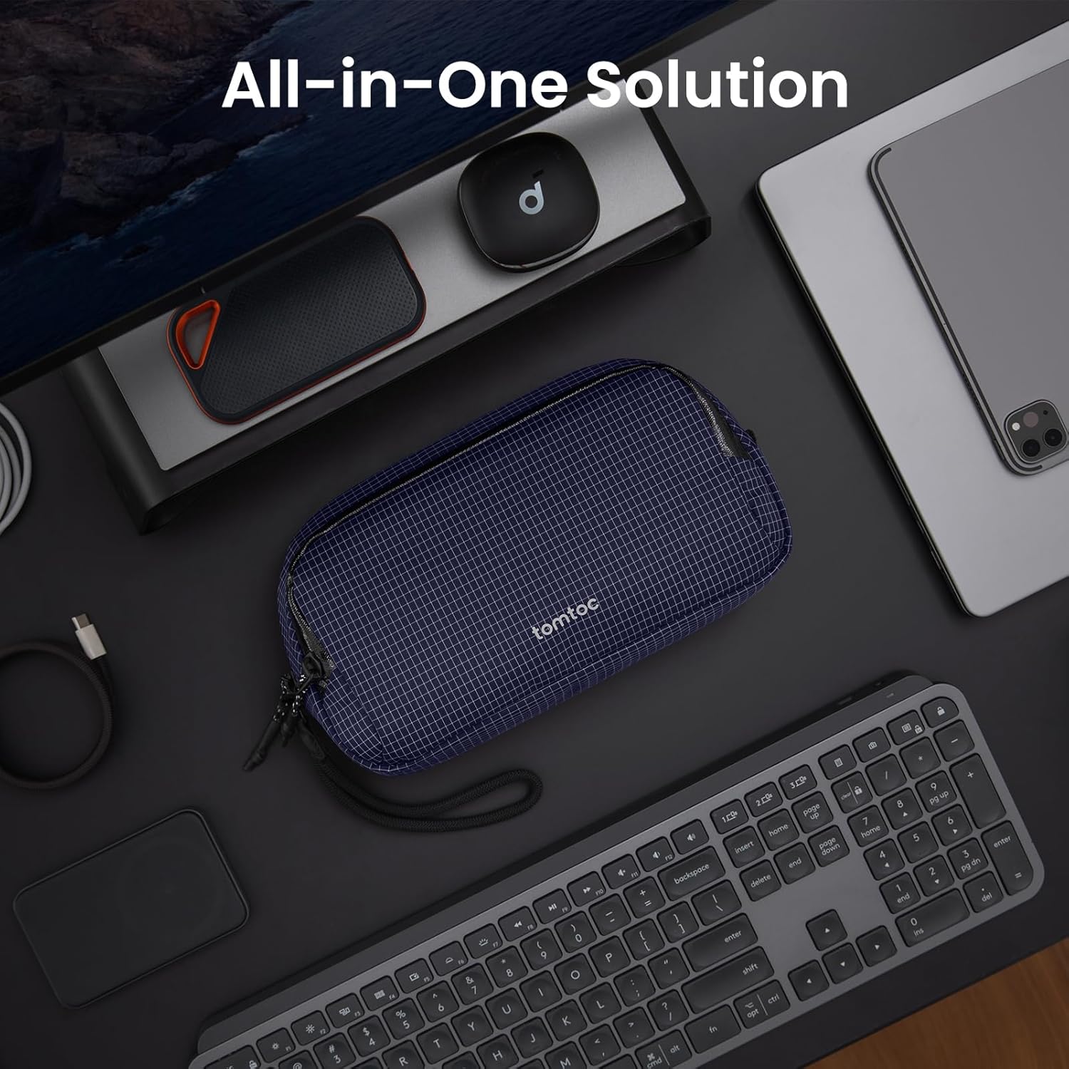 tomtoc Electronic Organizer Travel Case Performance, Water Resistant Dual Compartment Cable Organization Storage Bag for Charger, Cord, Phone, Hard Drive, Power Bank, Accessories Travel Essentials - Roamly