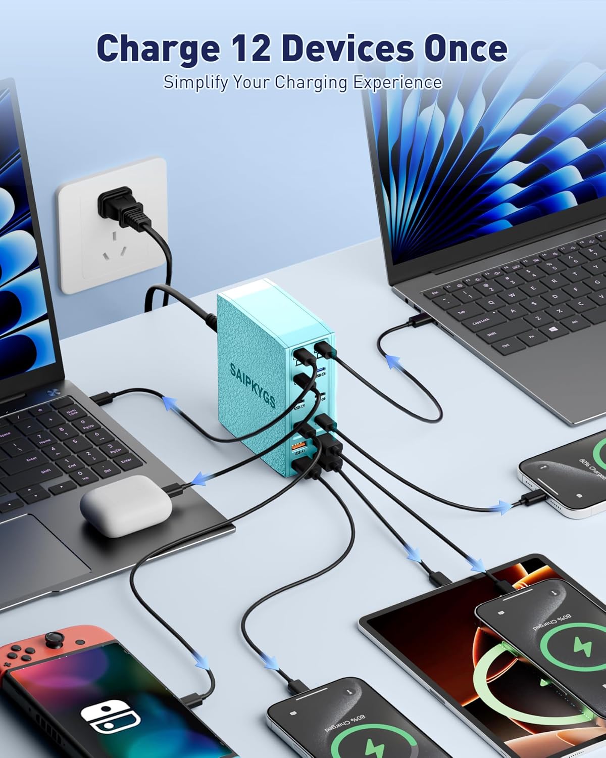 Charging Station (600W),12-Port USB C Charger Block with Dual 100W PD USB-C Fast Charging Station Hub for MacBook Pro/Air/All iPad Phone 17/16 15/14/13/Pro Max/Samsung Galaxy Note(Green) - Roamly