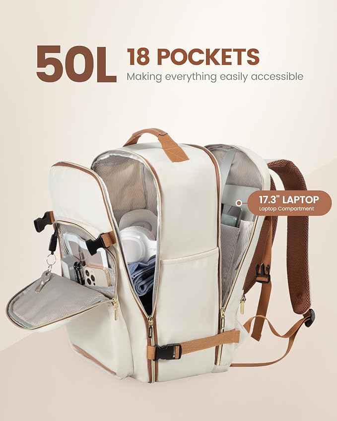 LOVEVOOK Travel Backpack for Women & Men 50L,Airline Approved Carry On Backpack Travel Essentials,TSA Carry on Luggage,Waterproof Personal Item Travel Bag,Suitcase with 3 Packing Cubes, Beige-Brown