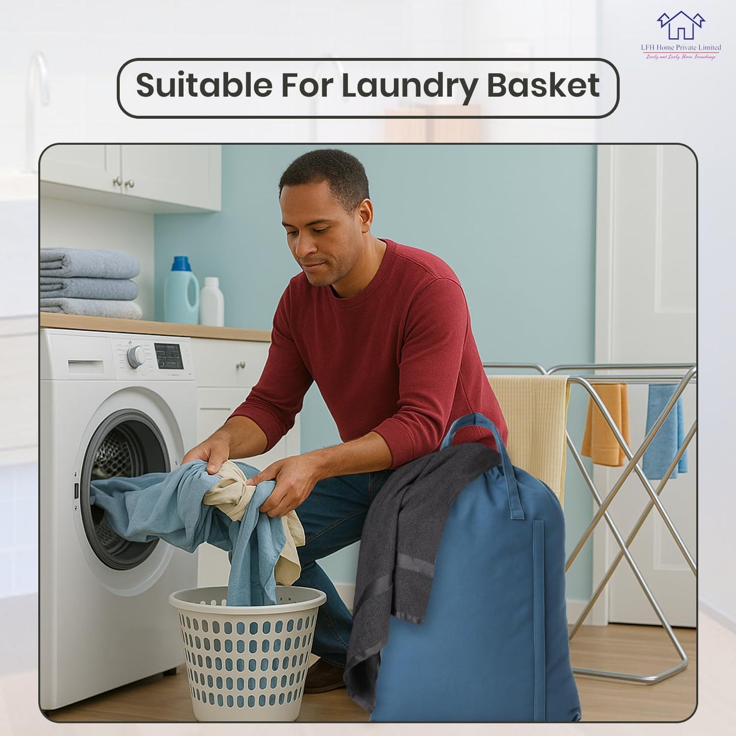 LFH Home Cotton Canvas Large Laundry Bag with Handle, Heavy Duty Drawstring Closure Washable Laundry Bags, School Travel, Home, Hotel, College Dorm, Organizer Sack, Toys Clothes 20x30-Sky Blue