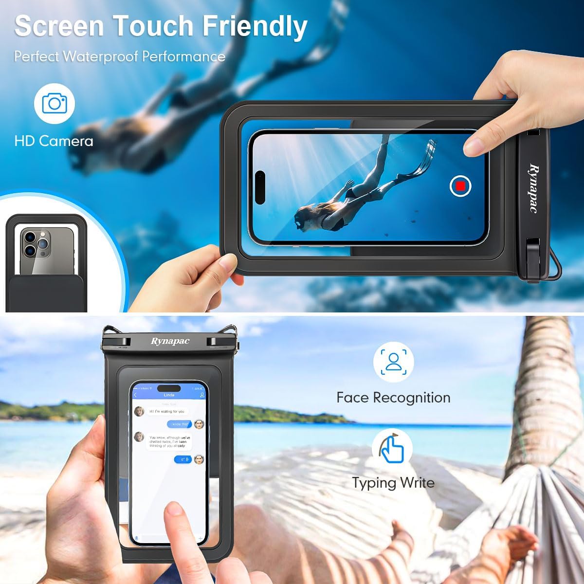 Double Space Waterproof Phone Pouch, 2 Pack Waterproof Phone Case with Lanyard for iPhone 15 Pro Max Galaxy S23 Pixel 7a up to 8.5’’, Cellphone Dry Bag for Beach Vacation (Black+Black)