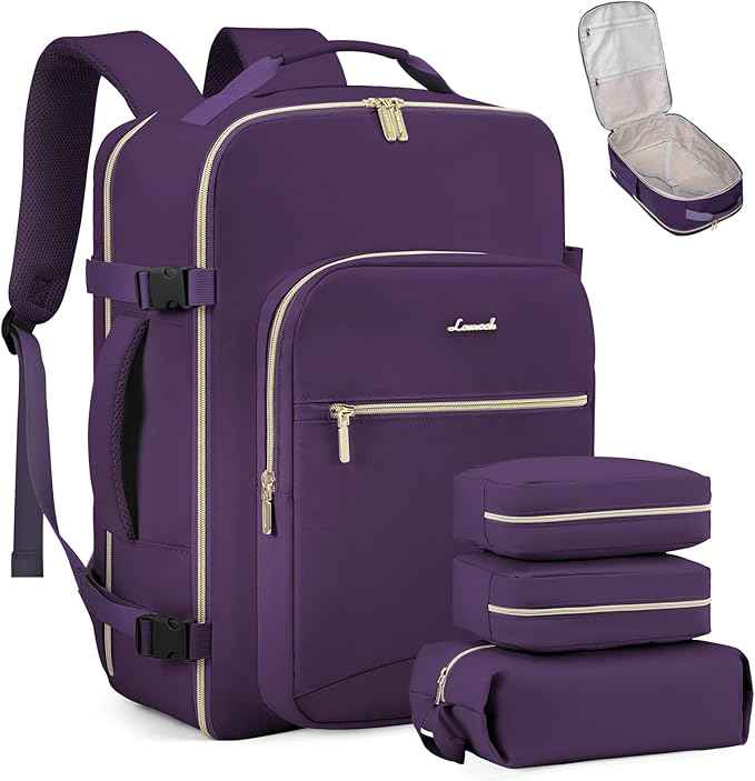 LOVEVOOK Travel Backpack for Women & Men 40L,Airline Approved Carry On Backpack Travel Essentials,TSA Carry on Luggage,Waterproof Personal Item Travel Bag,Suitcase with 3 Packing Cubes,Dark purple
