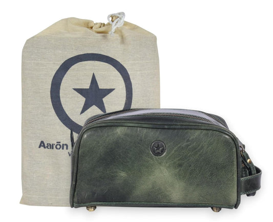 10" Premium Leather Toiletry Travel Pouch With Waterproof Lining | King-Size Handcrafted Vintage Dopp kit By Aaron Leather Goods (Seaweed Green) - Roamly