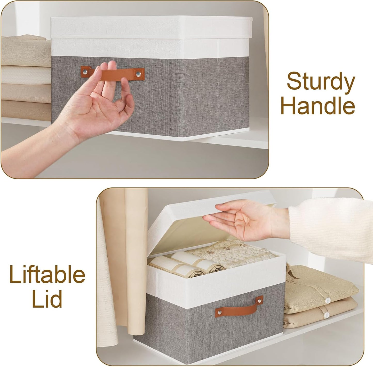 Fabric Storage Bins with Lids, 3 Pack Linen Foldable Cloth Baskets, 15 x 9.8 x 9.8 Inch Closet Organizer Containers with Double Handles, Sweater Boxes for Bedroom, White and Grey