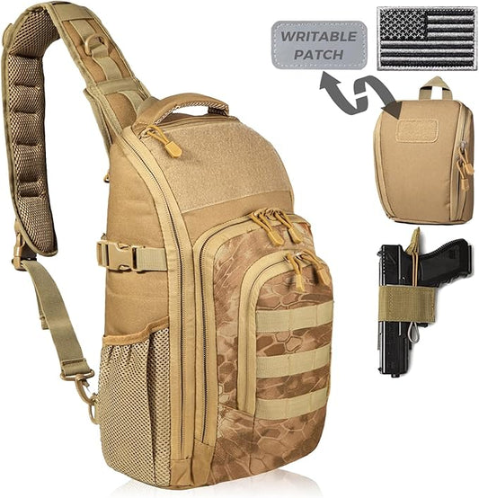 DBTAC Tactical Personal Defense EDC Bags & Packs | 10L Military Shoulder Backpack with Sling for Concealed Carry, Range, Travel, Hiking, Outdoor Sports (Brown Apatite)