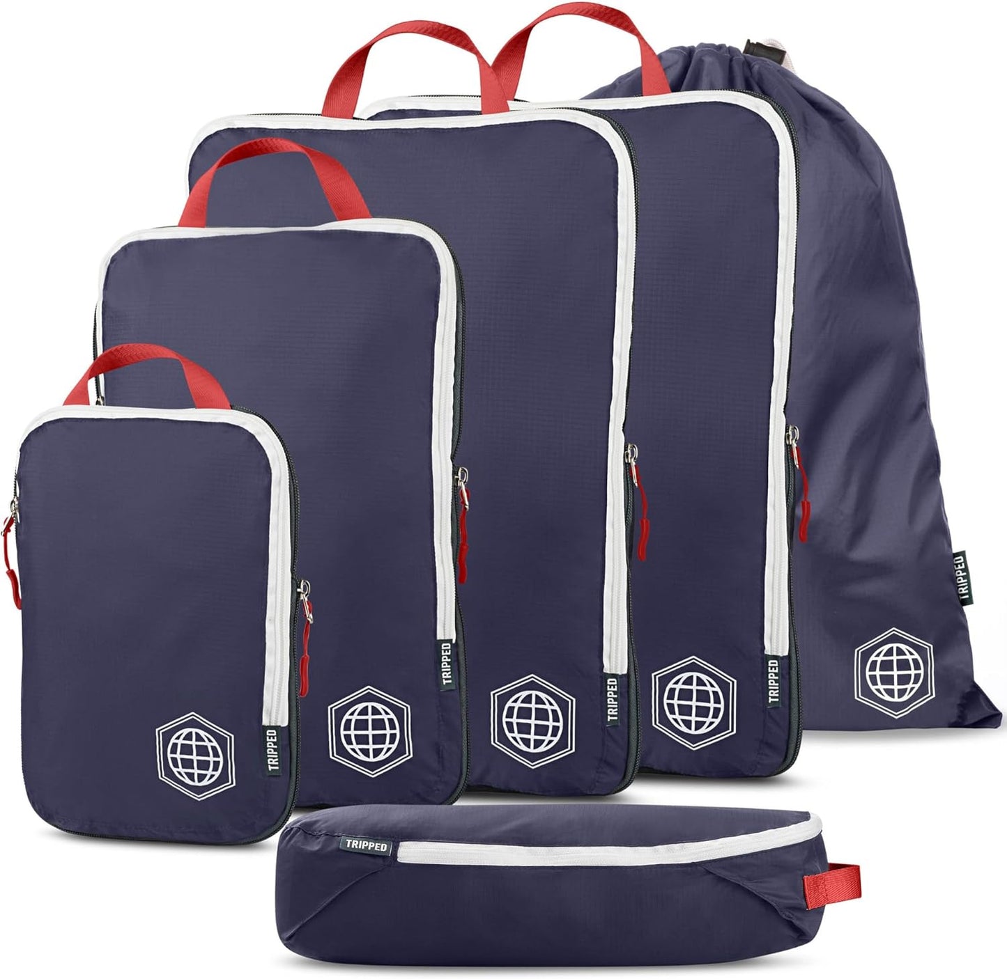 Large Compression Packing Cubes 6 Piece Set for Travel with Lightweight Laundry Bag for Carry-On Suitcase by TRIPPED Travel Gear (Navy) - Roamly