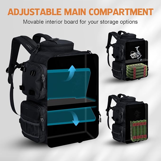 Goture Fishing Backpack, 900D Water-Resistant Tackle Backpack with Rod Holders, 58L Large Storage Gear Fishing Tackle Bag with Detachable Crossbody Bag,8 Lure Pockets,Bottle Holder for Camping Hiking