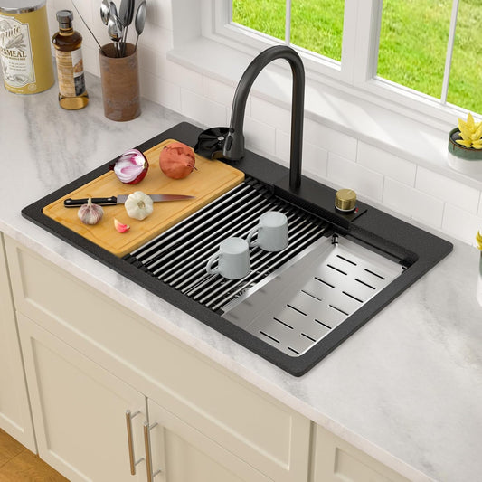 Dcolora Waterfall Smart Kitchen Sink 33x22 Drop In Single Bowl Multifunctional Kitchen Sinks With Faucet And Cup Washer,33 Inch Granite Composite (Black) DC-SFDOE00002