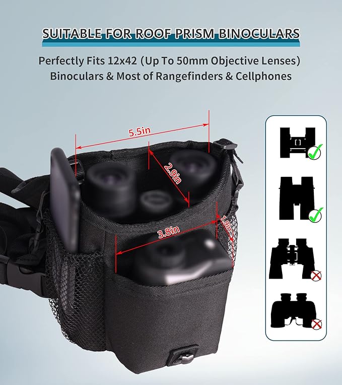 GAIARENA Binocular Harness Chest Pack, Waterproof Bino Harness with Rangefinder Pouch for 12x42 Binoculars Bino Chest Harness Adjustable Binocular Chest Pack for Hunting Hiking (Mid Size)