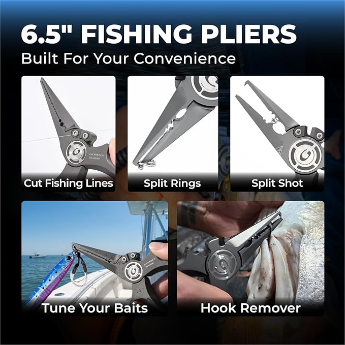 GOMEXUS Titanium Fishing Pliers 6.5'' with Side Cutters, Never Rust Hook Remover, Saltwater Resistant Fishing Tools for Inshore, Nearshore, Jigging Fishing