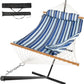 2 Person Outdoor Hammock with Stand, Cotton Rope Hammock with Polyester Pad, Adjustable Steel Frame, Portable with Carrying Bag – for Patio, Backyard, Garden, Beach, Blue Stripe