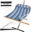 2 Person Outdoor Hammock with Stand, Cotton Rope Hammock with Polyester Pad, Adjustable Steel Frame, Portable with Carrying Bag – for Patio, Backyard, Garden, Beach, Blue Stripe