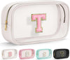 YOOLIFE Initial Make Up Bag Travel Toiletry Bag, Clear Makeup Bag Preppy Cosmetic Bag Clear Makeup Bags With Zipper Girlfriend Teacher 8 Year Old Girl Gifts Daughter Gifts Swim Gifts For Girls White T