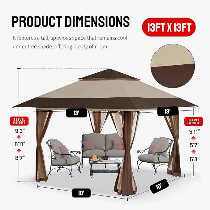 CROWN SHADES 13x13 Pop Up Gazebo, Canopy Tent, Gazebos on Clearance - Outdoor Gazebo for Backyard & Patio Furniture - Carpa Pop Up Tent with Wheeled STO-N-Go Cover Bag (Beige & Coffee)