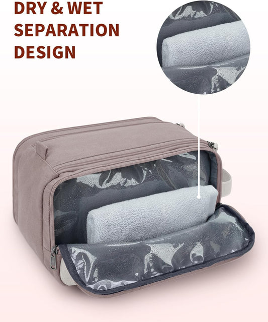 WANDF Toiletry Bag for Men Travel Toiletry Organizer Canvas and Leather Dopp Kit Water-Resistant Shaving Bag for Travel Accessories (Light Pink, Large) - Roamly