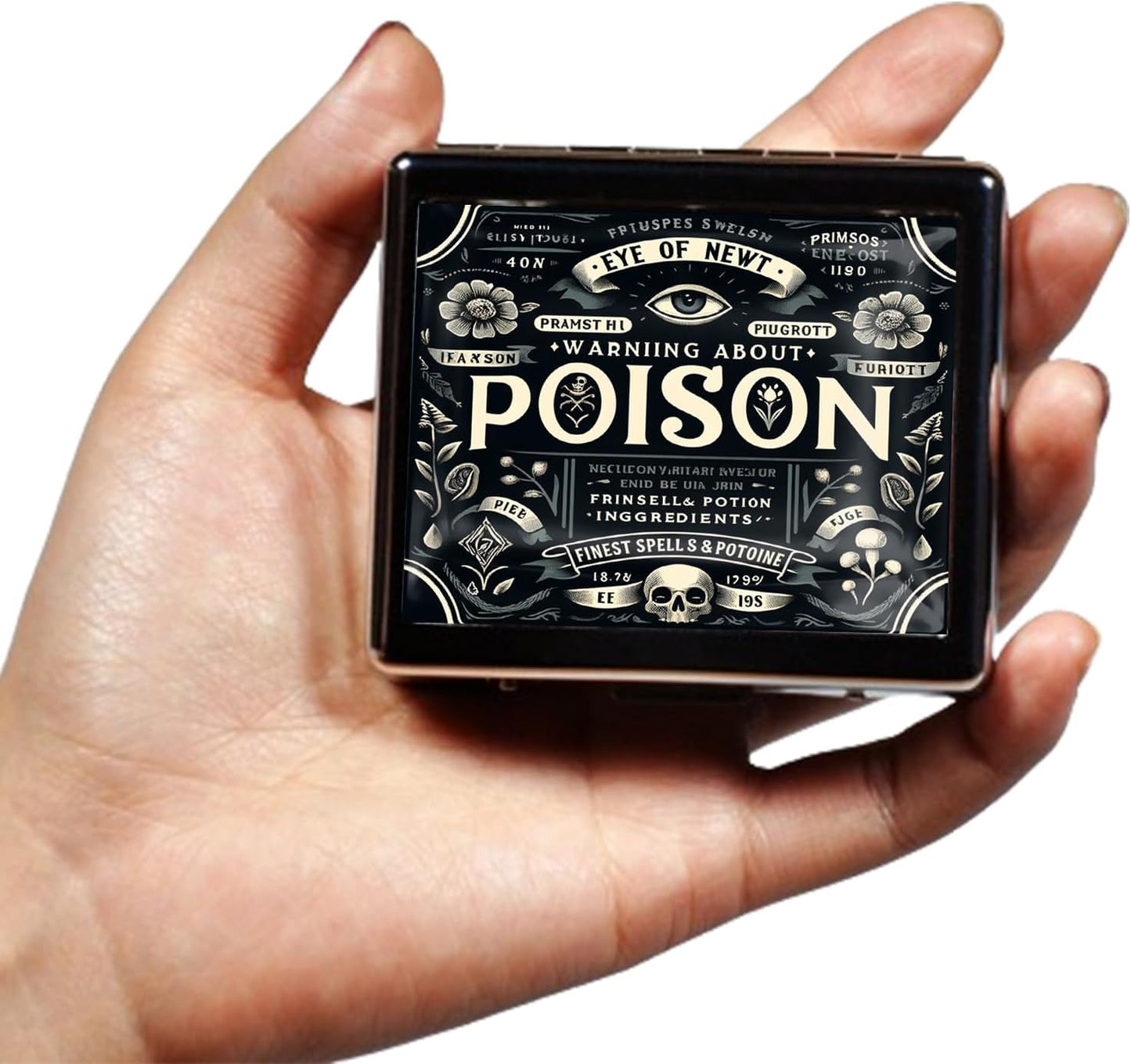Cute and Portable Metal Pill Organizer – 8 Compartments, Elegant Chrome Finish, Ideal for Travel and Daily Use (Vintage Poison)