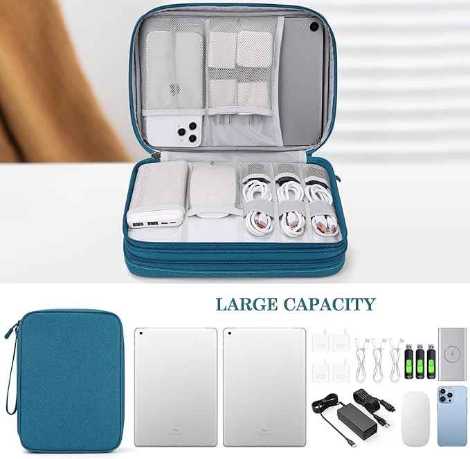 FYY Electronic Organizer, Extra Large Travel Cable Organizer Bag Pouch Portable Waterproof Double Layers All-in-One Storage Bag for iPad, Cable, Power Bank, Laptop Charger for Office/Home, Dark Green