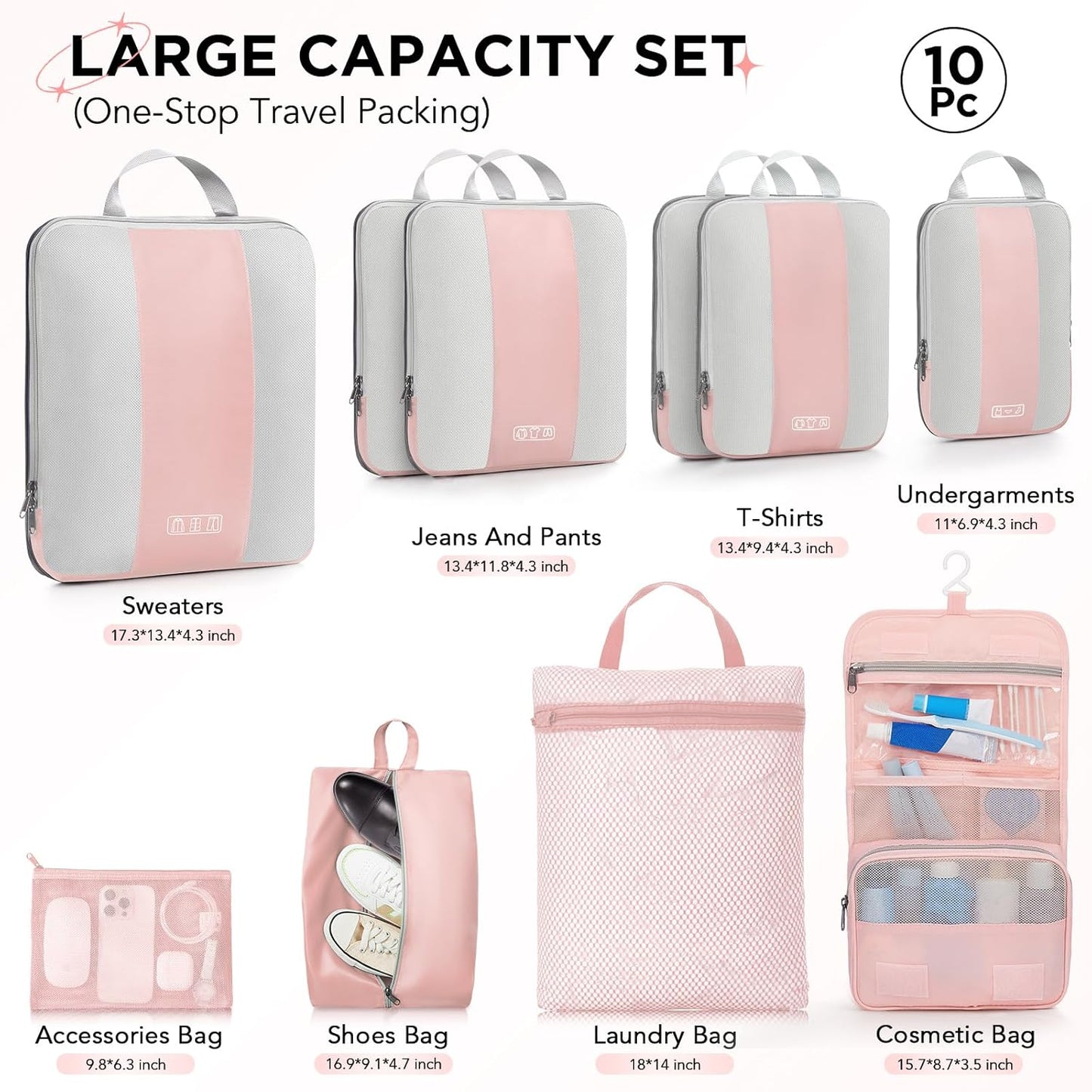 10 Set Compression Packing Cubes for Travel Essentials Women Mom,Compressible Expandable Packing Cubes for Suitcase,OlarHike Luggage Organizer Bags for Travel,Handy Helper for Organizing Clothes(Pink) - Roamly
