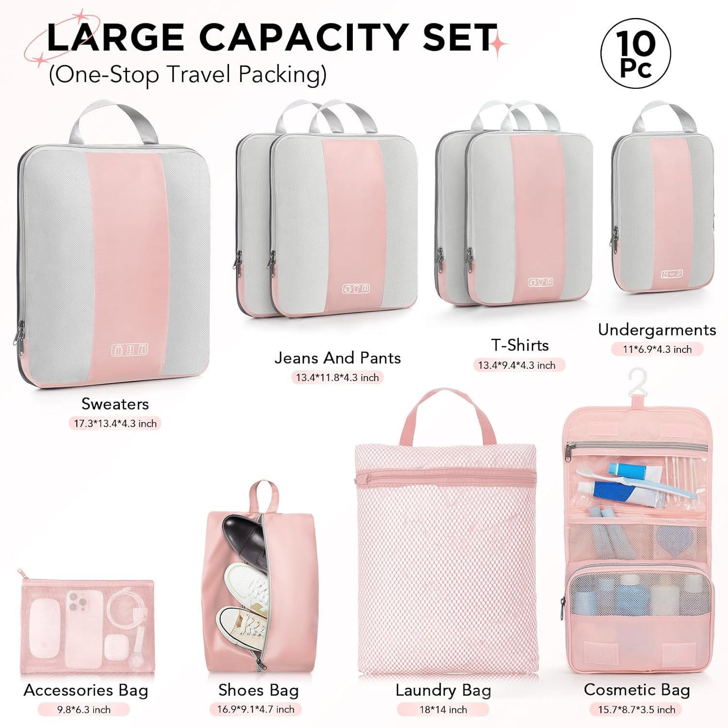 10 Set Compression Packing Cubes for Travel Essentials Women Mom,Compressible Expandable Packing Cubes for Suitcase,OlarHike Luggage Organizer Bags for Travel,Handy Helper for Organizing Clothes(Pink) - Roamly