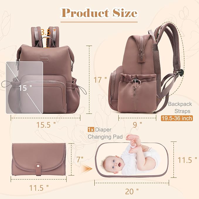 miss fong Diaper Bag Backpack - Baby Diaper Bag Neoprene Bag Large Capacity Neoprene Backpack with Diaper Changing Pad with 12 Pockets Pañaleras Para Bebe Baby Backpack for Mom & Dad -Mauve