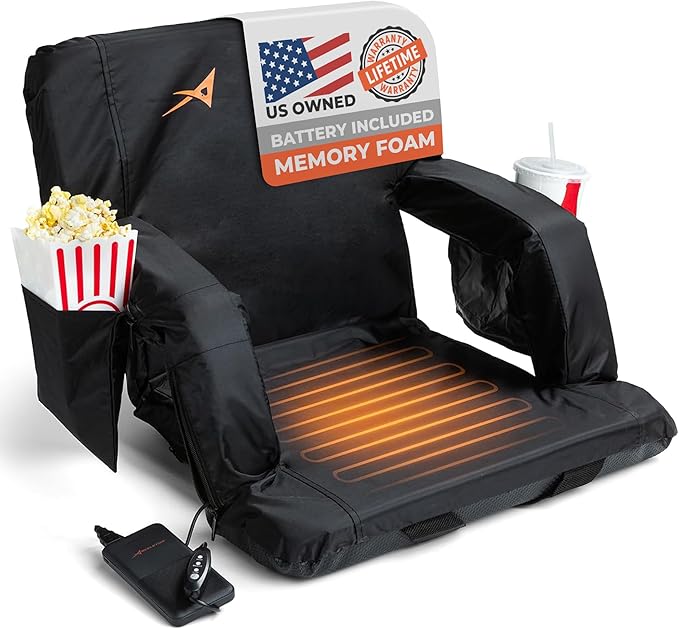 Heated Stadium Seats for Bleachers with Back Support – USB Battery Included - Upgraded 3 Levels of Heat - Foldable Chair - Cushioned, 4 Pockets for Snacks, Cup Holder - for Camping, Games & Sports