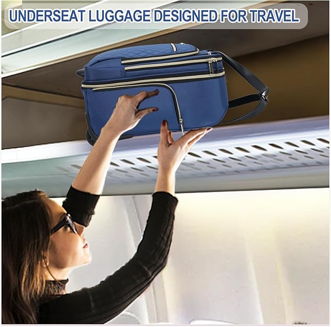 EMPSIGN Underseat Carry On Wheeled - 16" Carry on Bag with Wheels Multi-functional Lightweight Rolling Bag Overnight Weekender Small Suitcase for Women Men Travel Business, Haze Blue-Gold Zipper
