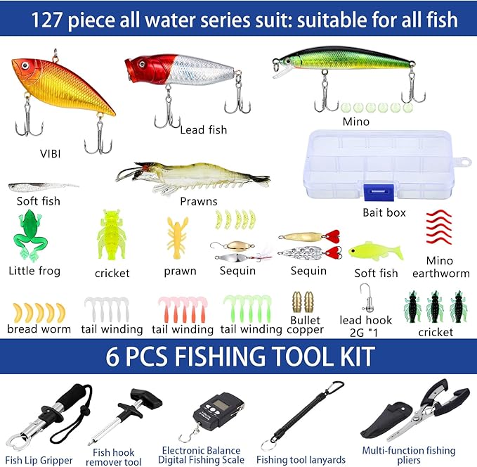 Sosation 482 Pcs Fishing Gifts for Men Fishing Sling Bag Tool Gear Equipment Accessories Kit Fish Backpack Tackle Box with Tackle Included Fish Hook Remover Tool Lures Lip Gripper