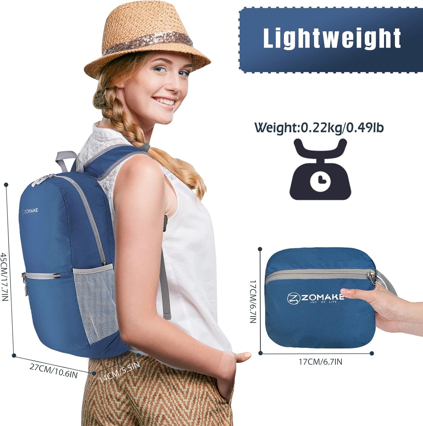 ZOMAKE Ultra Lightweight Hiking Backpack 20L, Packable Small Backpacks Water Resistant Daypack for Women Men(Navy Blue)