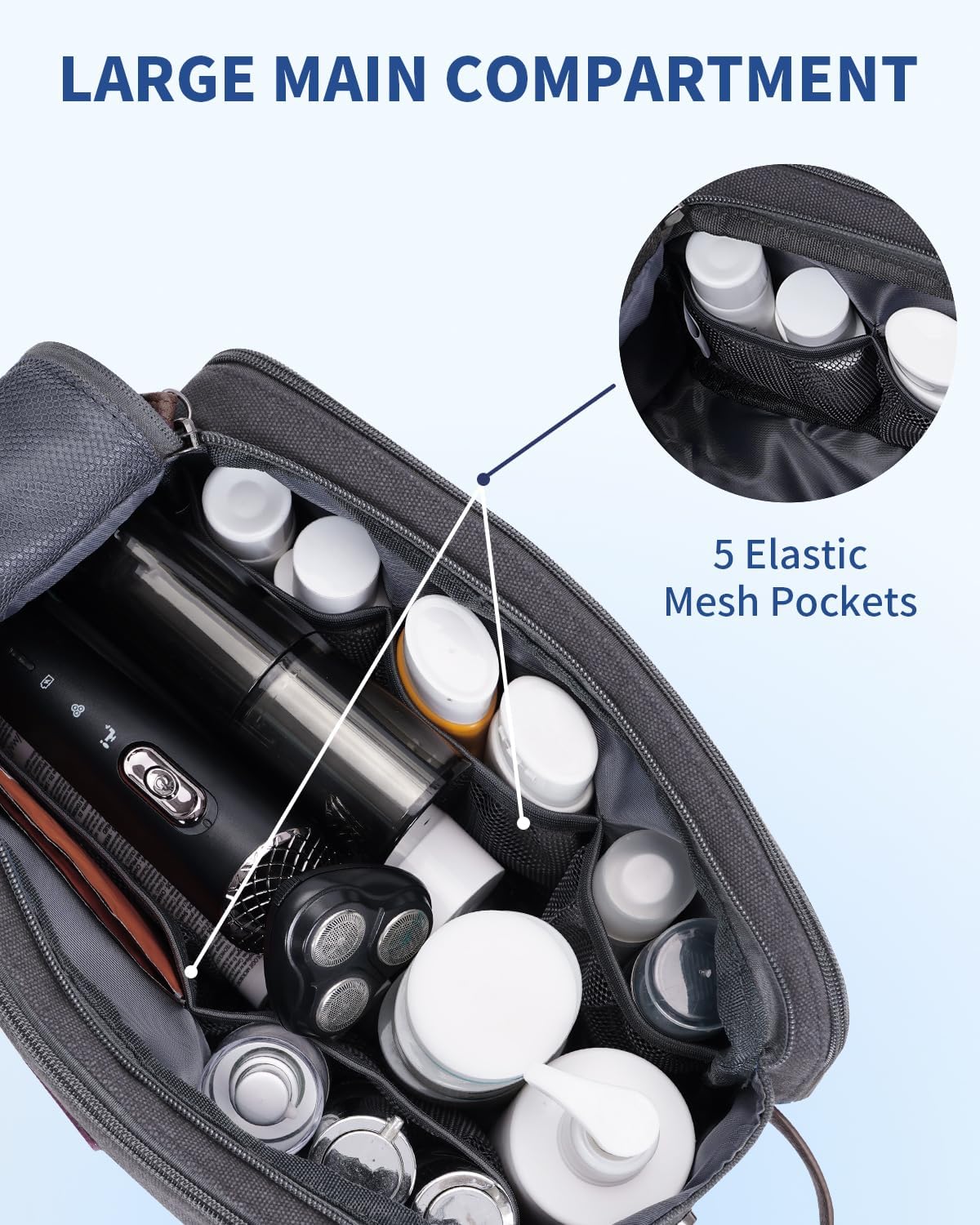 WANDF Toiletry Bag for Men Travel Toiletry Organizer Canvas and Leather Dopp Kit Water-Resistant Shaving Bag for Travel Accessories (Grey, Large) - Roamly