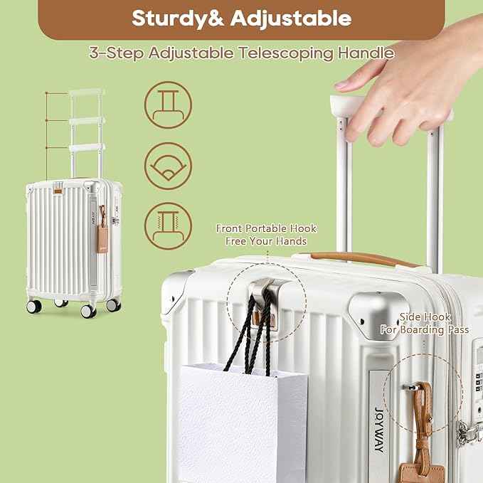 Joyway 20in Carry On Luggage with Cup Holder and USB Port, 25% Expandable Capacity, Smart Suitcase with Anti Slip Wheels and Handbag, Perfect for Men and Women 3 Piece Set White