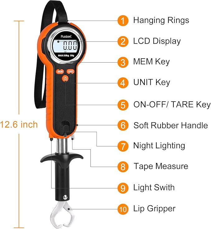 Fuzion Fish Scale, Professional Fishing Scale - 110lb Capacity, Waterproof, Night Light, Memory & Tape Measure | Portable Fish Weigh Kit w/Lip Gripper, Batteries & Pouch