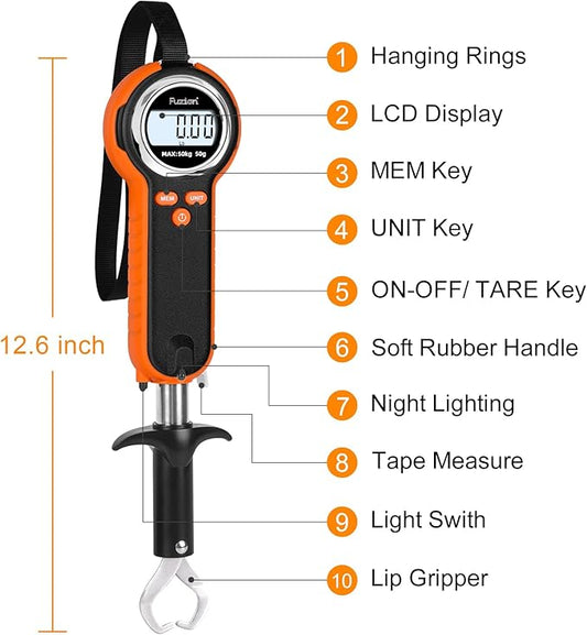 Fuzion Fish Scale, Professional Fishing Scale - 110lb Capacity, Waterproof, Night Light, Memory & Tape Measure | Portable Fish Weigh Kit w/Lip Gripper, Batteries & Pouch