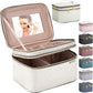 Large Makeup Bag with Mirror Double Layer Travel Make Up Organizer Case, Large Capacity Coemetic with Brush Slot Divider, Travel Toiletry Bag for Women - White/Beige