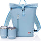 Two Bottle Rolltop Wine Tote Bag – Stylish PU Leather Wine Backpack with Matching Tumblers – Compact & Lightweight Wine Carrier with Padded Straps & Compartments for Travel & Picnics – Light Blue