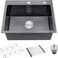 Black Kitchen Sink Drop-In 22 x 18 inch, SINKVINE PVD Nano Stainless Steel Bar Sink Outdoor, Top Mount Deep Single Bowl RV Laundry Basin, w/Drain Strainer, Bottom Grid, Roll-up Drying Unit, Dark Gray
