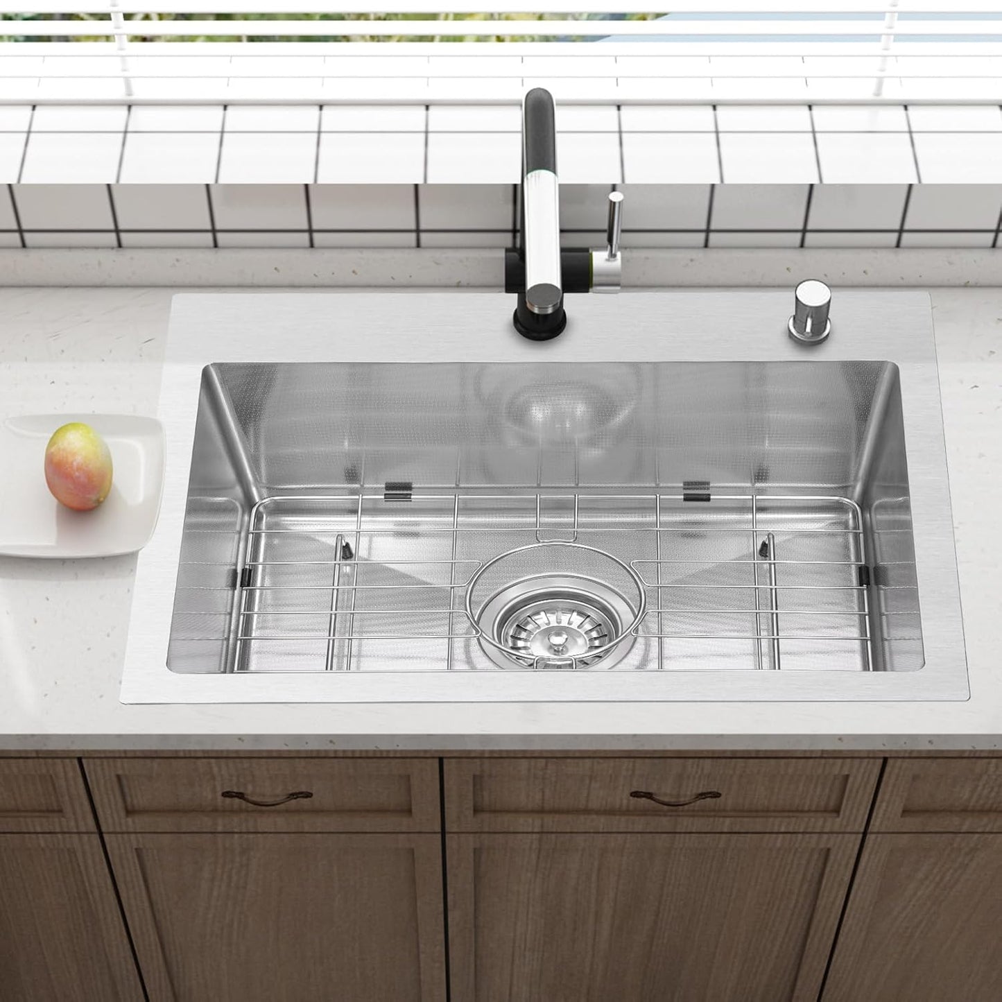 Drop In Kitchen Sink 25x22", 9" Basin Depth, 18 Gauge Stainless Steel Sink, 3D Embossed Surface Finish Top Mount with Accessories